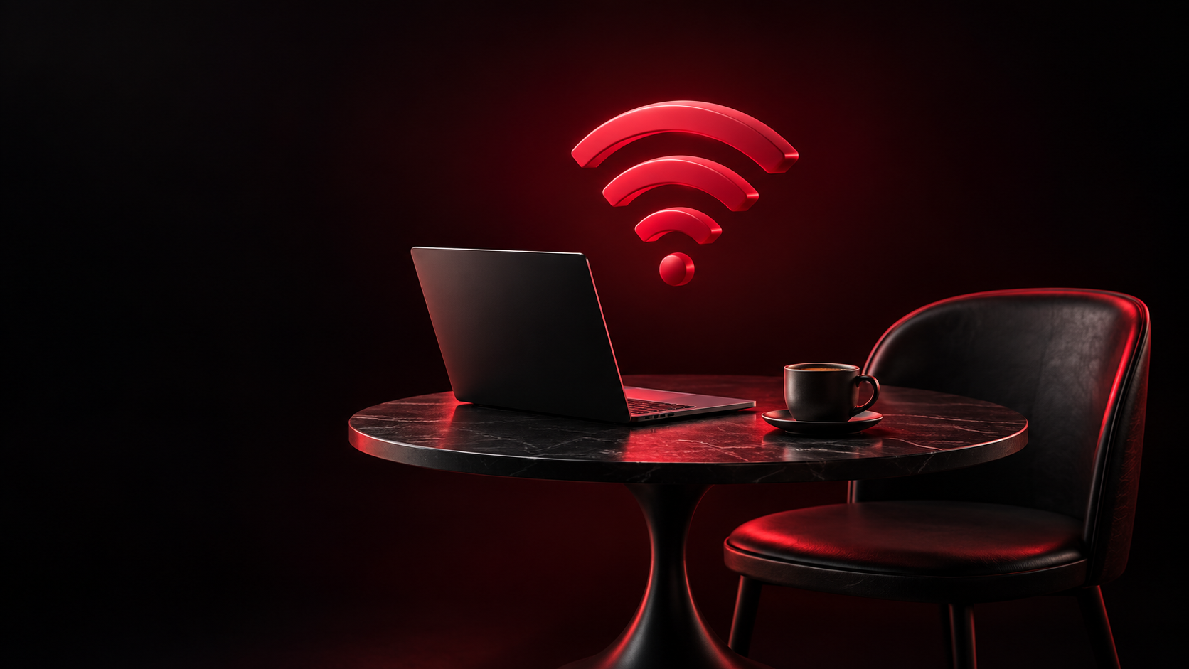 Ноутбук и чашка кофе на тёмном столе рядом с красным знаком Wi-Fi.